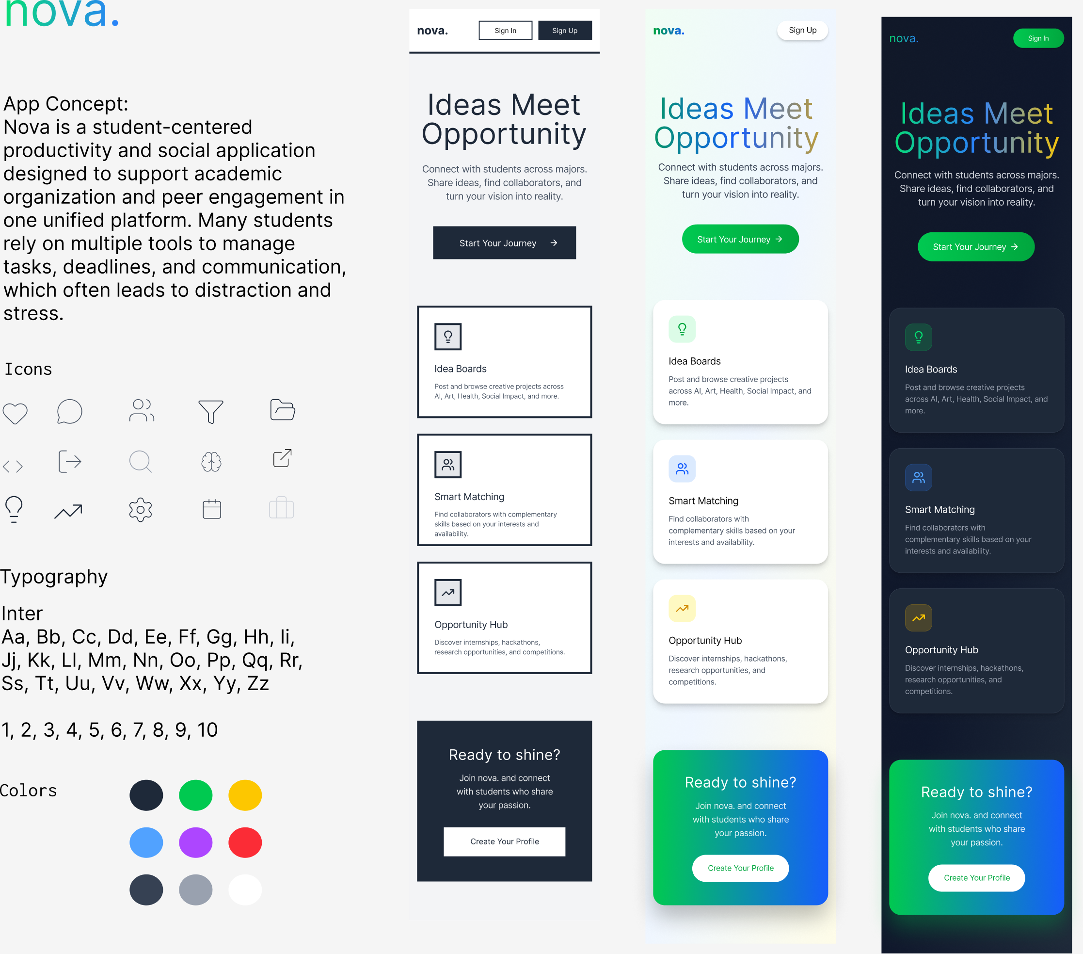 Nova UI Design Poster — app concept, icon set, typography, color palette, and light/color/dark theme mockups